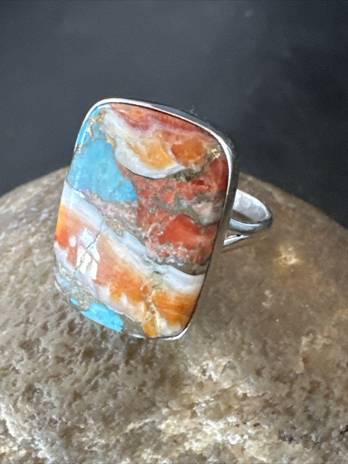 Blue Turquoise Spiny Oyster Southwestern Sterling Silver Ring Size 8 18431