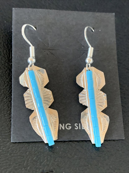 Blue Turquoise Sterling Silver Navajo Handmade Inlay Feather Earrings 13063