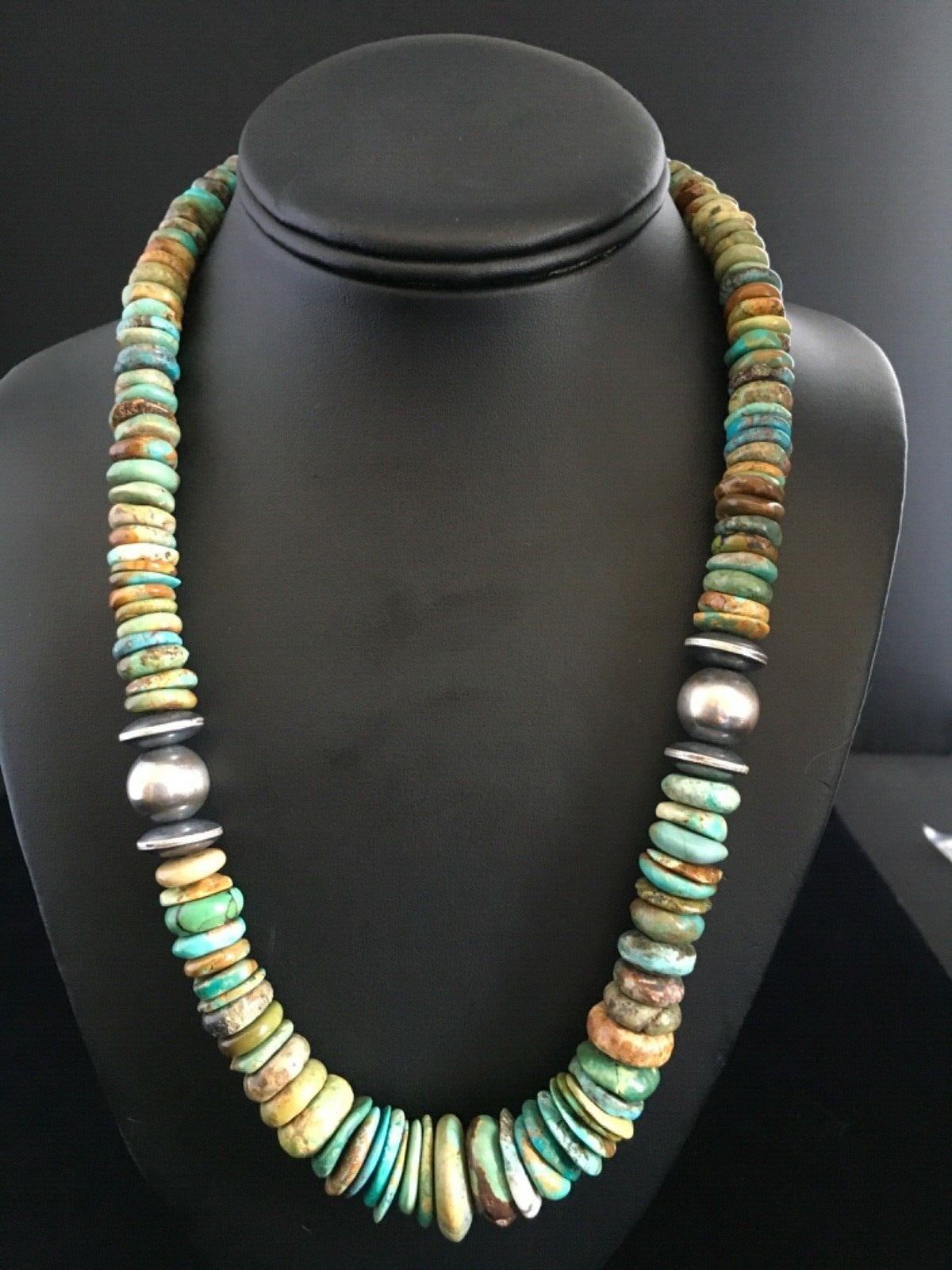 Mens Green Turquoise Graduated Navajo Sterling Silver Necklace 20" 01750