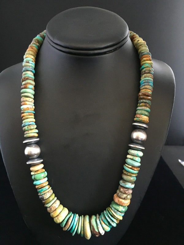 Men's Green Turquoise Graduated Navajo Necklace 20" | Sterling Silver | Authentic Native American Handmade | 01750
