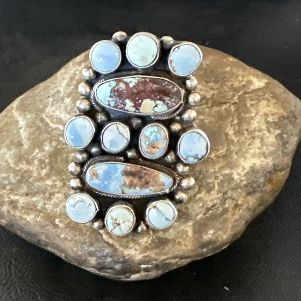 Women's Golden Hills Turquoise Navajo Cluster Ring Sz 8 | Sterling Silver | Authentic Native American Handmade | 17774