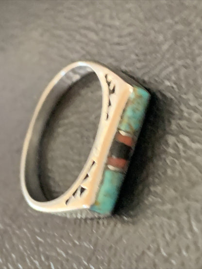 Turquoise & Onyx Navajo Sterling Silver Inlay Ring Size 6 11152
