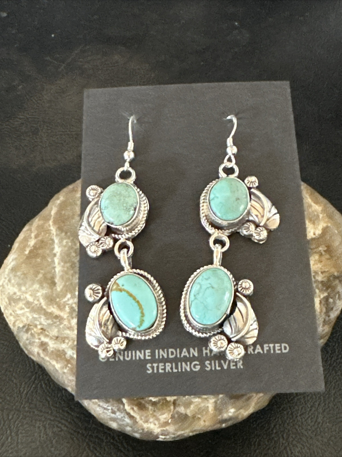 Native Navajo Blue Dry Creek Turquoise Sterling Silver Dangle Earrings 2” 17920