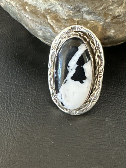 Black White Buffalo Turquoise Navajo Sterling Silver Ring Size 9 19808