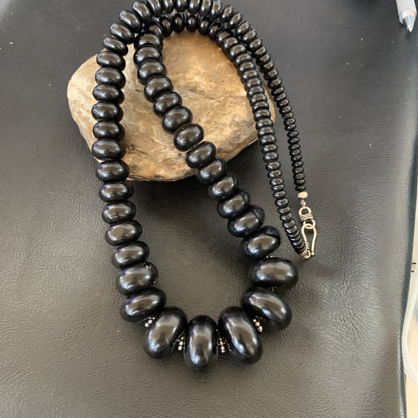 Black Jet Onyx Graduated Bead Navajo Pearls Sterling Silver Necklace 24" 12529
