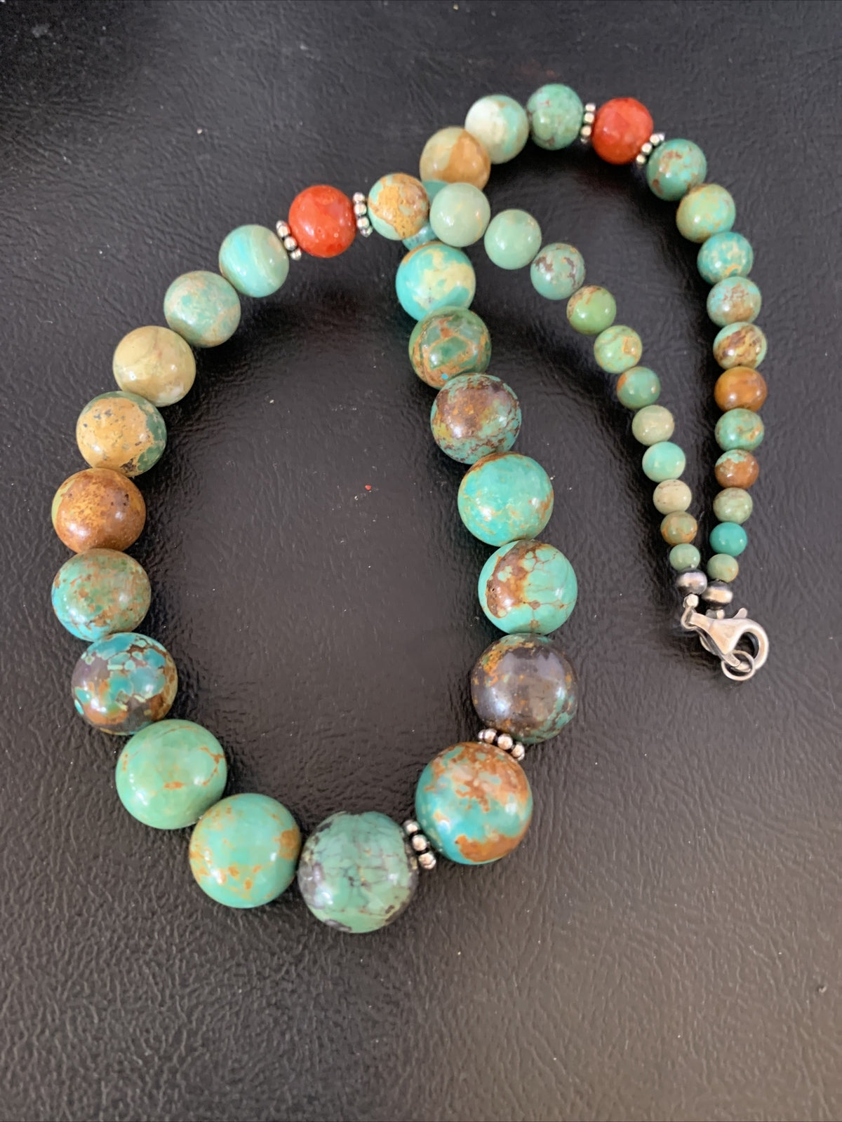 Green Turquoise Apple Coral Navajo Graduated Sterling SIlver Necklace 18" 13207N