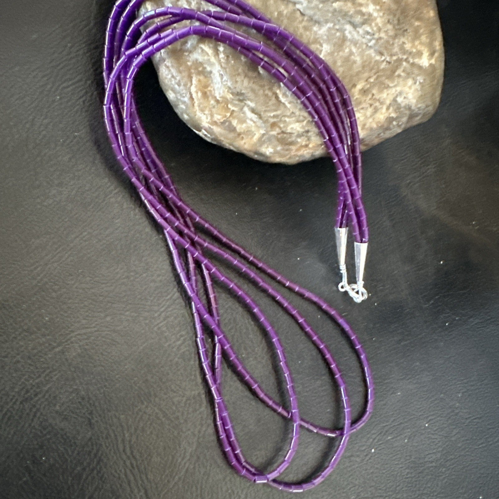 Purple Stone Heishi Bead Stabilized 3 Strand Sterling Silver Necklace 19702
