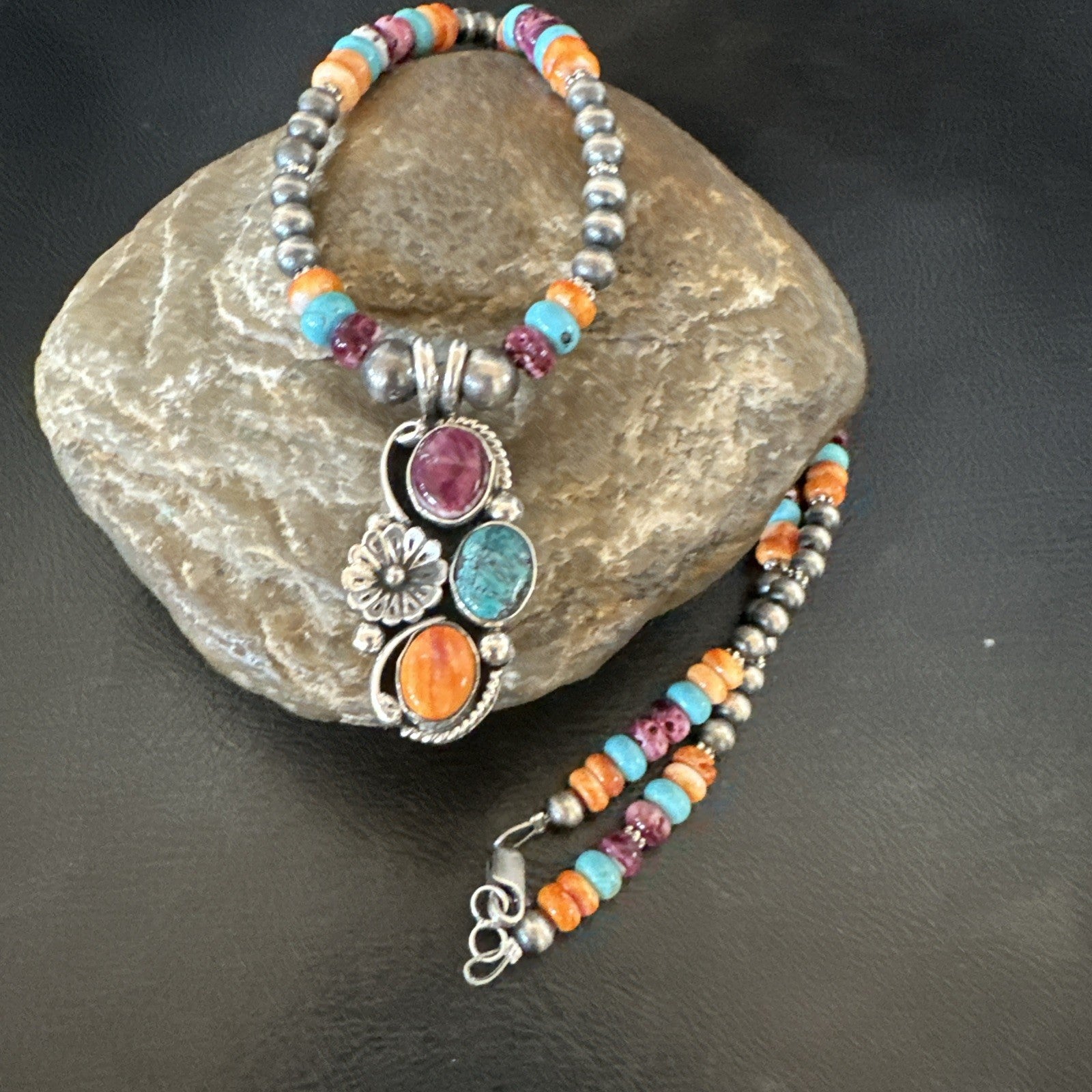 Multicolor Turquoise Spiny Navajo Sterling Silver Cluster Pendant Necklace 19642