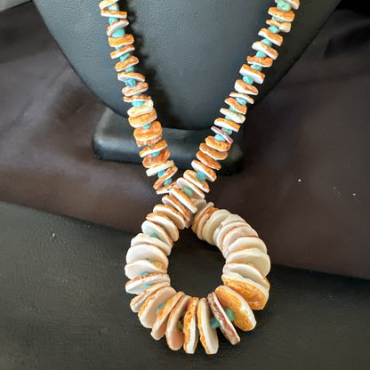 Blue Turquoise Orange Spiny Oyster Santo Domingo Necklace 30”17758