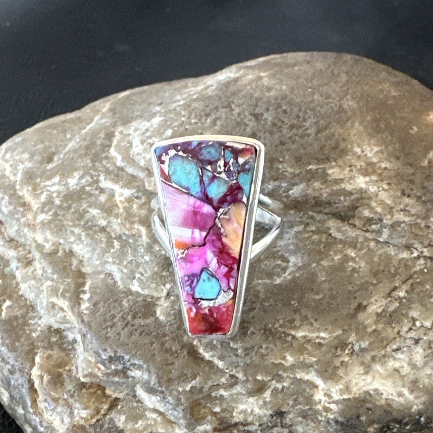 Blue Turquoise Spiny Oyster Southwestern Sterling Silver Ring Size 6 18473