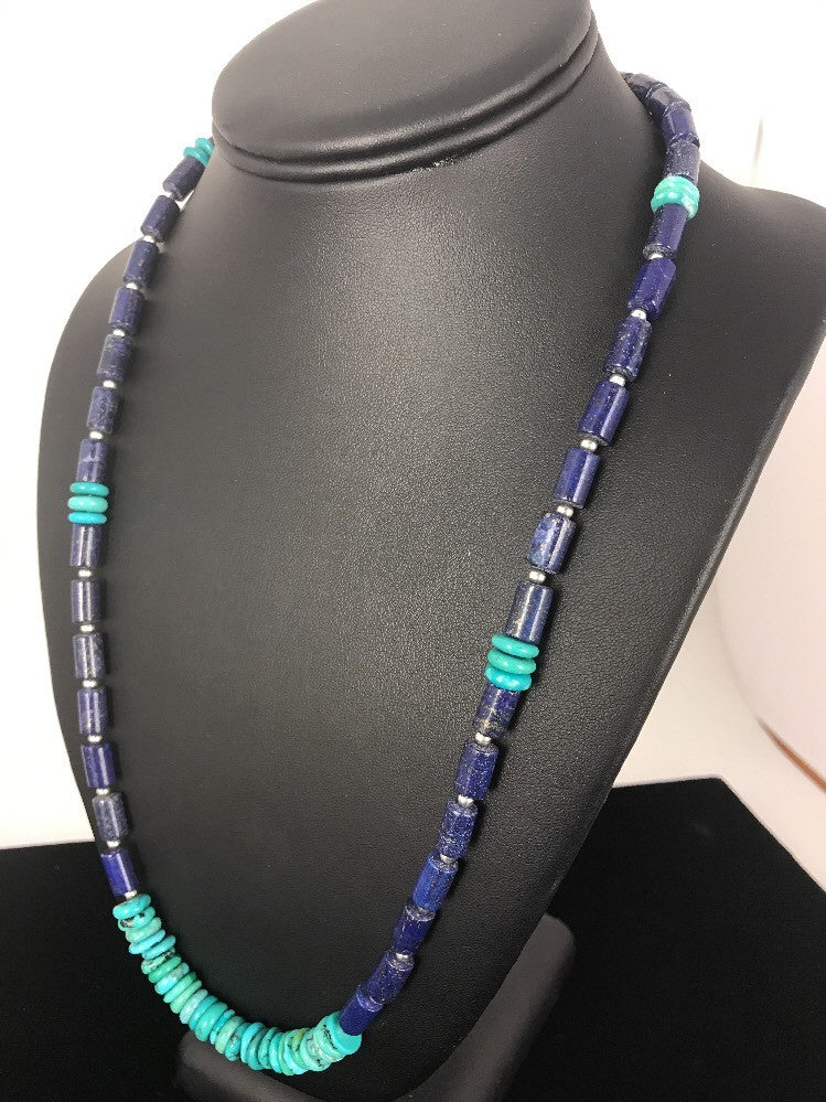 Blue Turquoise & Lapis Navajo Pearls Sterling Silver Necklace 23" 3245