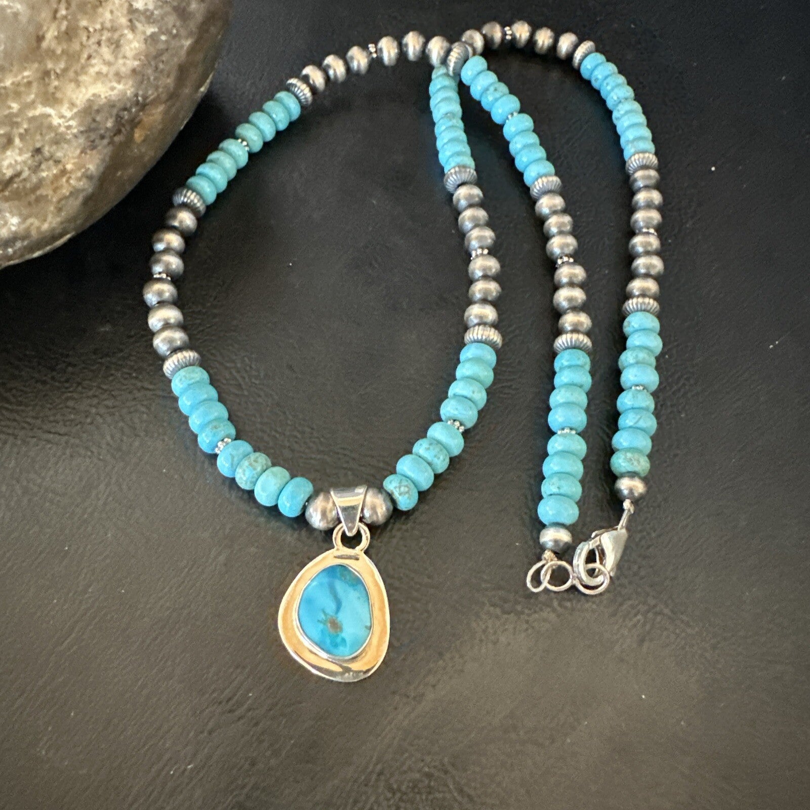 WoMens Blue Kingman Turquoise Pendant Navajo Sterling Silver Necklace 21" 18417