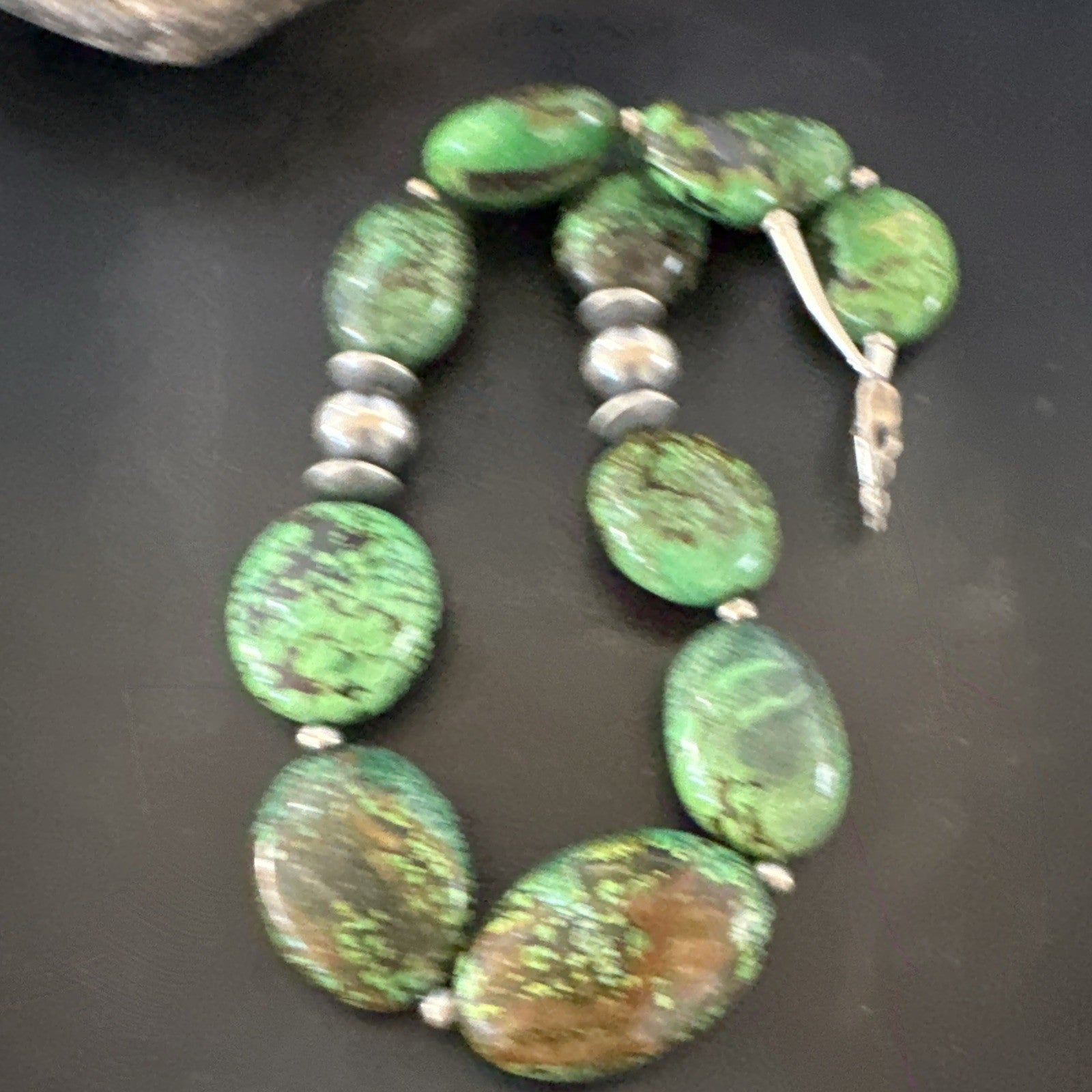 Green Turquoise Nugget Navajo Pearls Sterling Silver Necklace 19533
