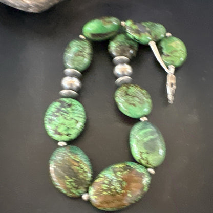 Green Turquoise Nugget Navajo Pearls Sterling Silver Necklace 19533
