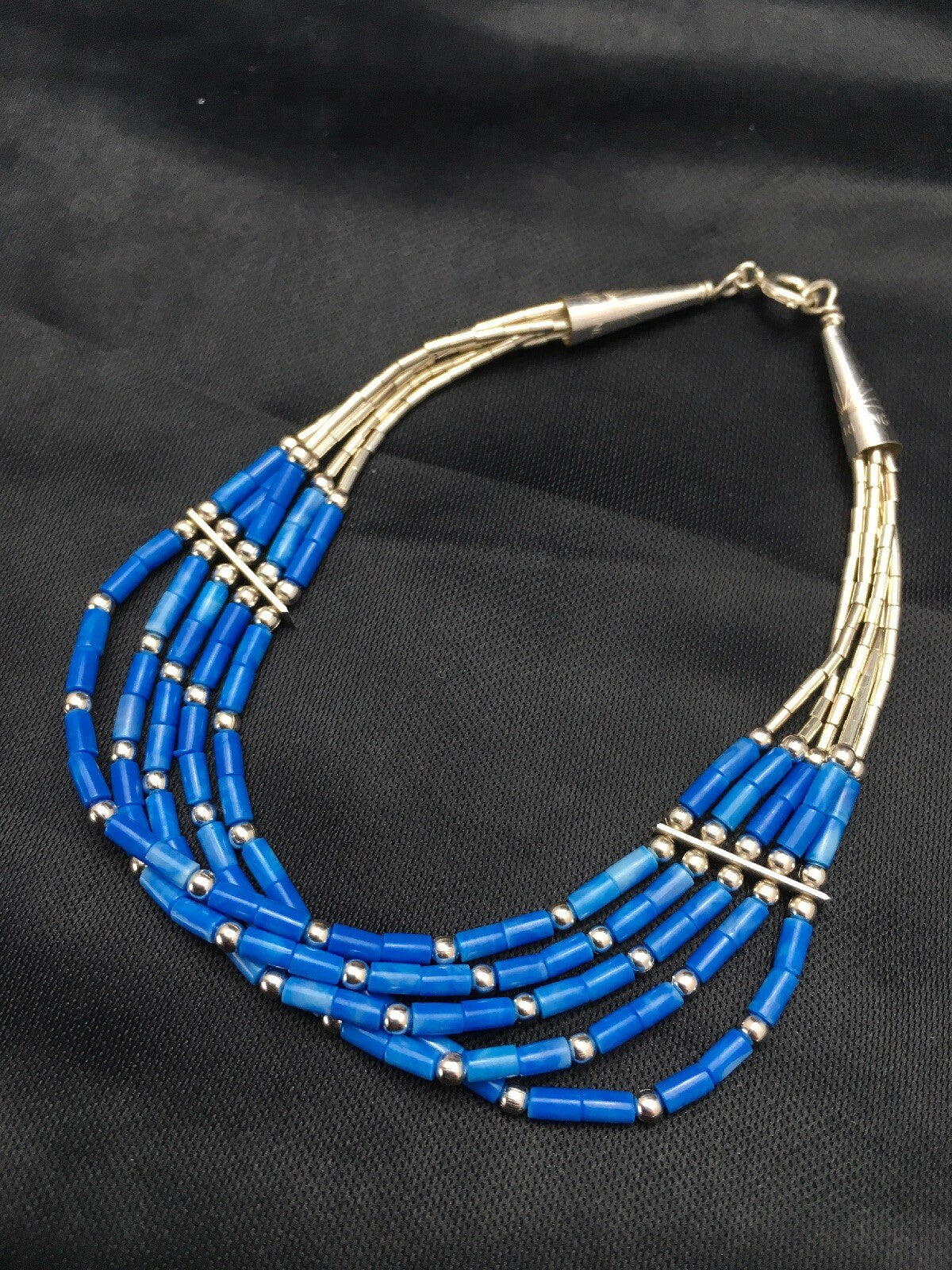Blue Lapis Heishi 5 Strand Southwestern Liquid Sterling Silver Bracelet 7" 02935