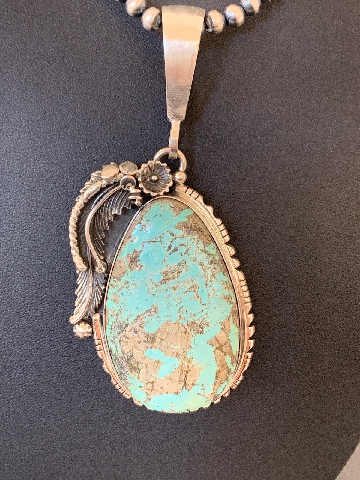 Mens Blue Turquoise Pendant Sterling Silver Necklace 02565