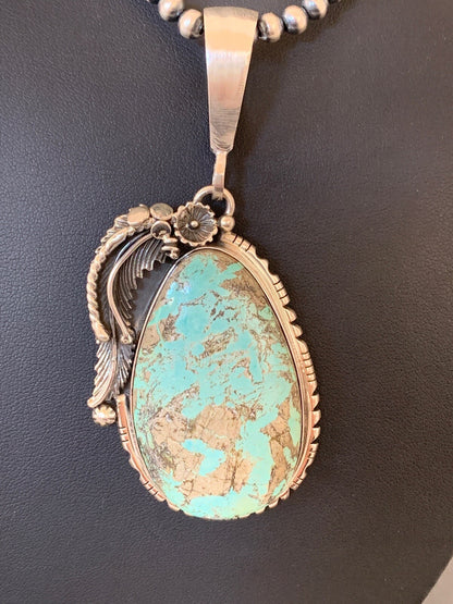 Mens Blue Turquoise Pendant Sterling Silver Necklace 02565