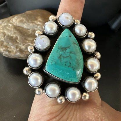 Blue Turquoise White Pearls Navajo Sterling Silver Cluster Ring Size 10.5 18398