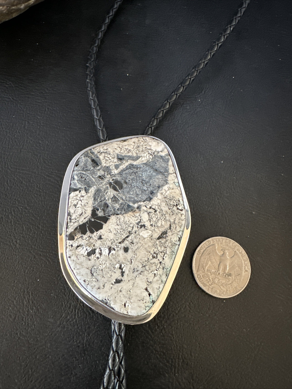 Mens BOLO TIE WHITE BUFFALO TURQUOISE Sterling Silver Navajo 3in 15004
