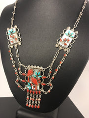 Turquoise & Coral Pendant Zuni Sterling Silver Museum Collectible Necklace 03029