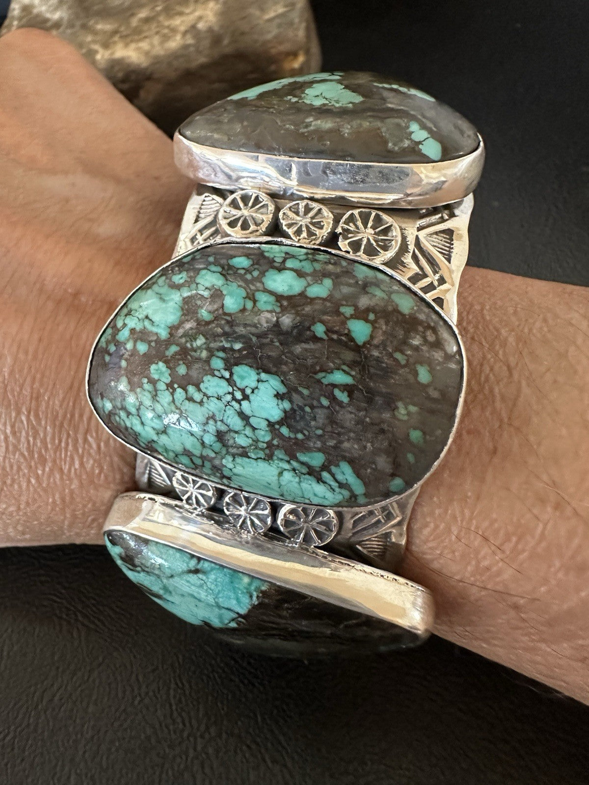 Mens Blue Spiderweb Turquoise Navajo Sterling Silver Cuff Bracelet 7.25" 19435
