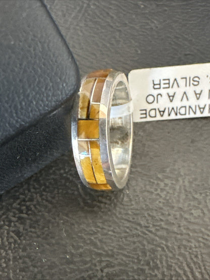 Women Coffee Tigers Eye Navajo Sterling Silver Inlay Ring Size 6.5 18703