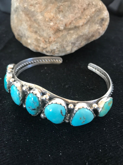 Native Turquoise Navajo Sterling Silver 7 Stone Bracelet Platero 08309