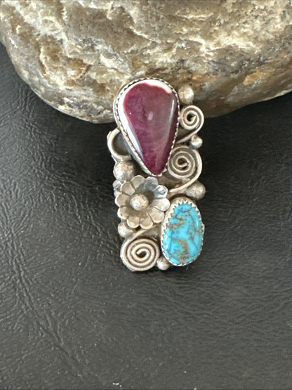 Cluster Kingman Turquoise Purple Spiny Navajo Sterling Silver Ring Sz 5.5 19105