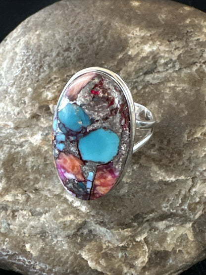 Blue Turquoise Purple Spiny Oyster Navajo Sterling Silver Ring Size 10 18206