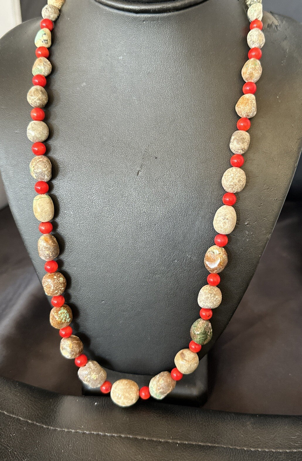 Rustic Turquoise Red Coral Navajo Pearls Sterling Silver Necklace 24" 18320