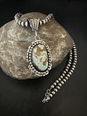 Blue Turquoise#8 Pendant Navajo Pearls Necklace | Sterling Silver | Authentic Native American Handmade | 18690