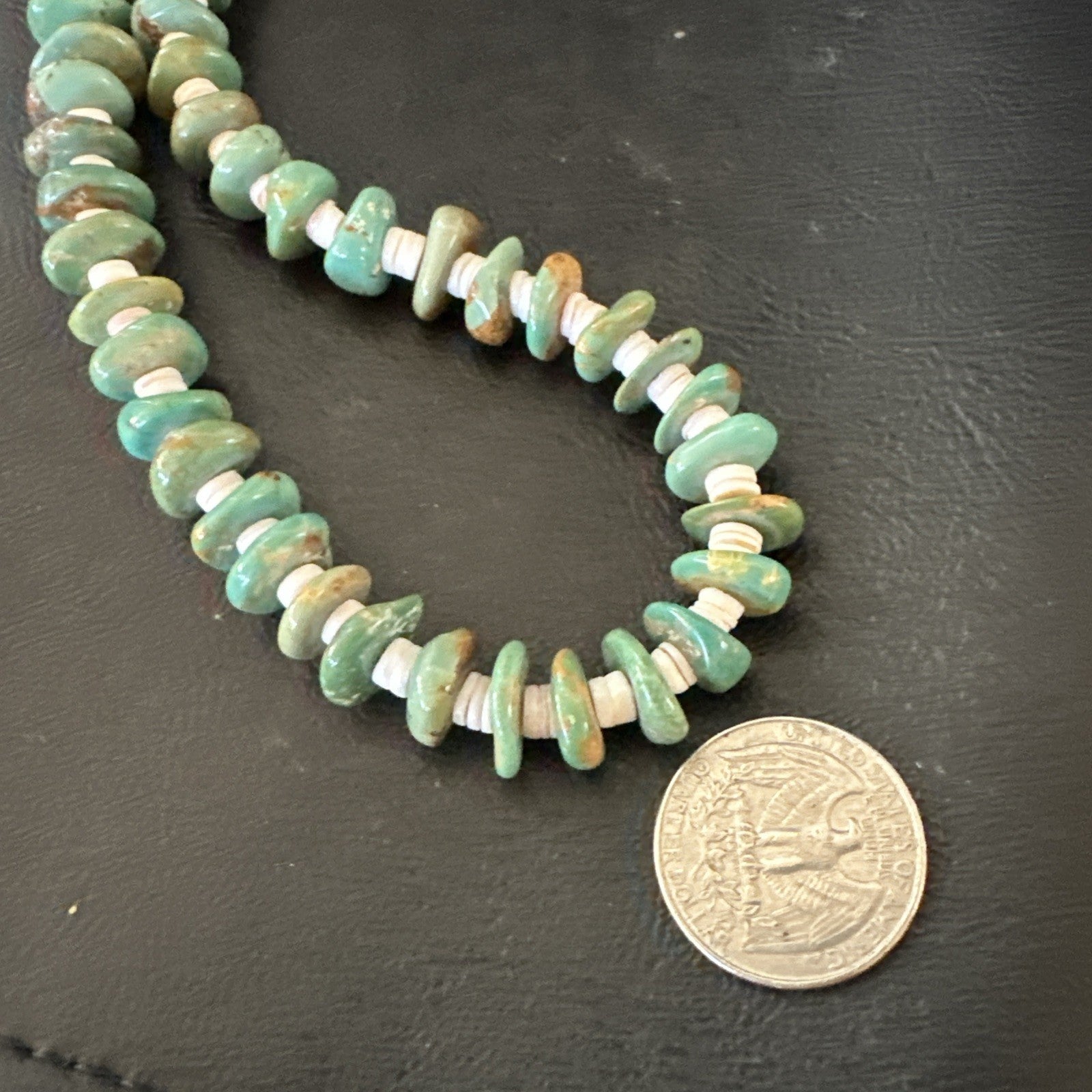 Green Royston Turquoise Shell Santo Domingo Sterling Silver Necklace 27” 19680