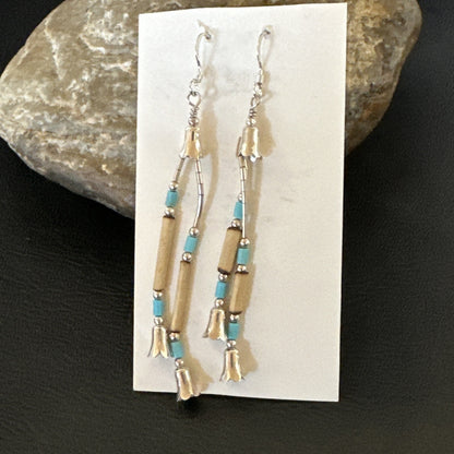Blue Turquoise Shell Heishi Liquid Sterling Silver Dangle Bead Earrings 17934