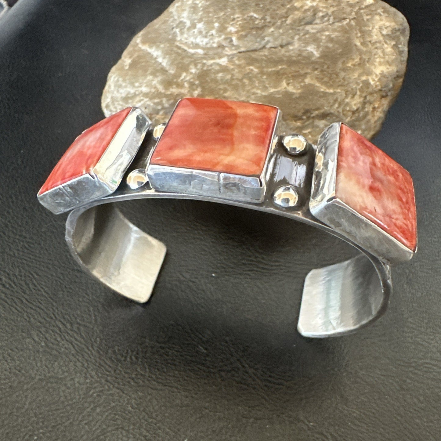 Red Spiny 3 Stone Sterling Silver Navajo Cuff Bracelet 7.7" 19487