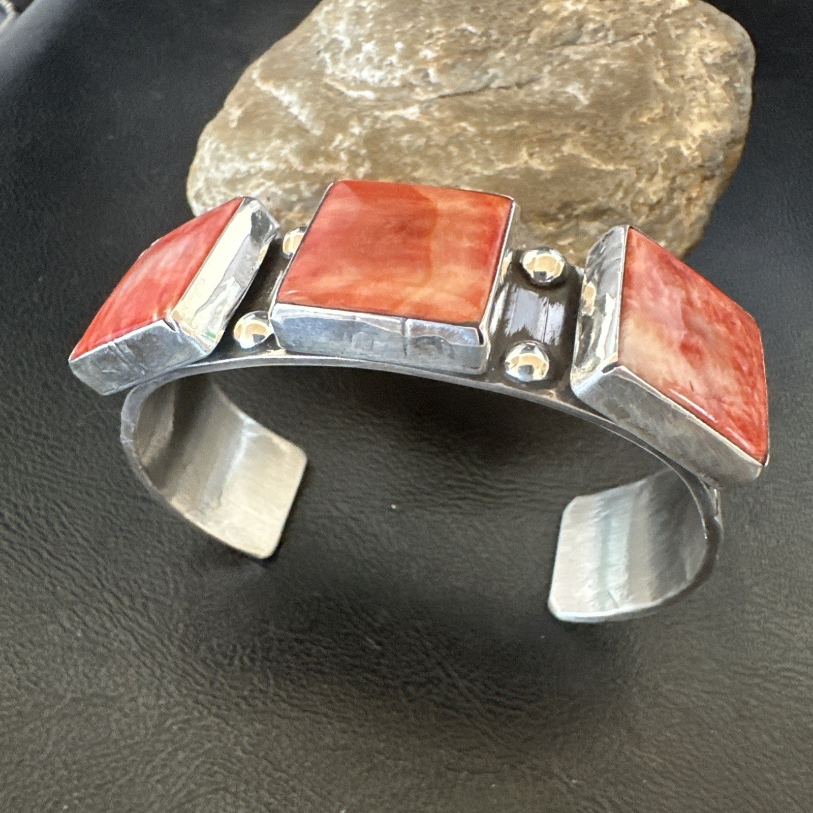Red Spiny 3 Stone Sterling Silver Navajo Cuff Bracelet 7.7" 19487