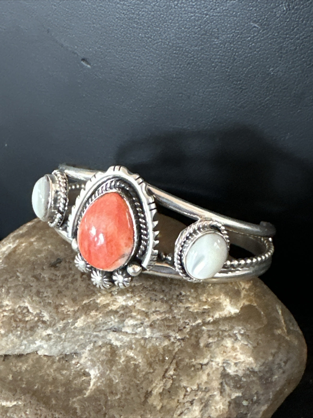 Red Spiny Oyster White MOP Navajo Sterling Silver Cuff Bracelet 17705