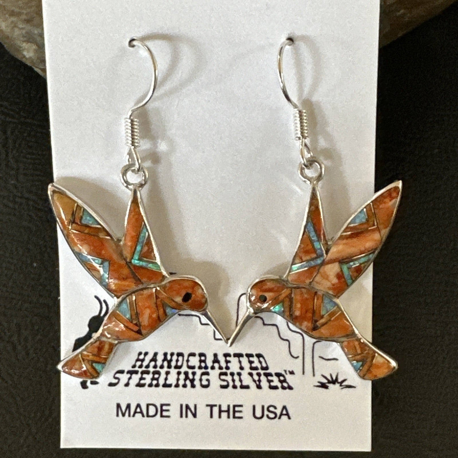 Orange Spiny Oyster Opal Sterling Silver Hummingbird Dangle Earrings 19133