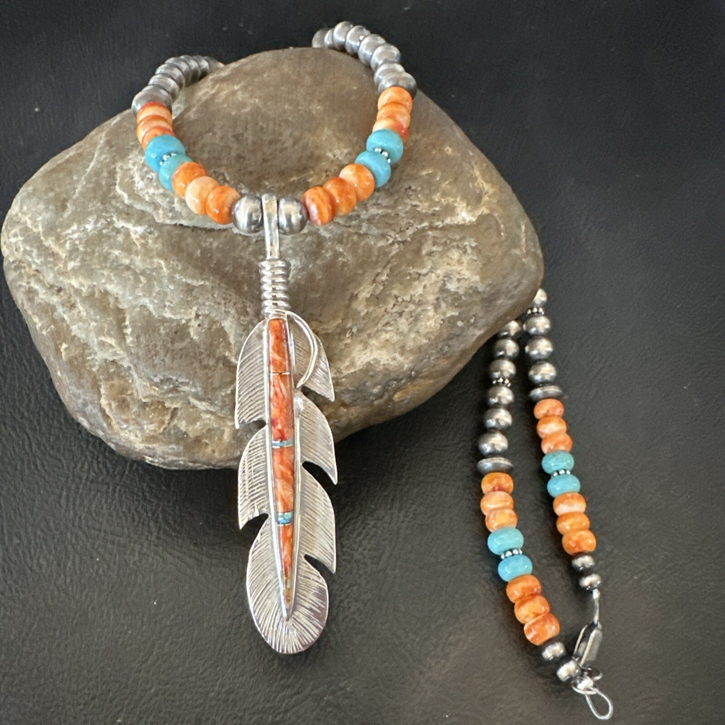 Feather Orange Spiny Opal Pendant Sterling Silver Turquoise Necklace 21” 18672