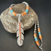 Feather Orange Spiny Opal Pendant Turquoise Necklace 21" | Sterling Silver | Authentic Native American Handmade | 18672