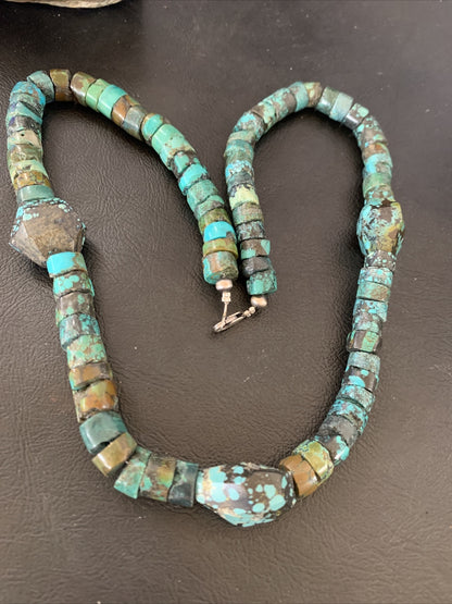 Men Chunky Spiderweb Turquoise Heishi Navajo Sterling Silver Necklace 21” 124505