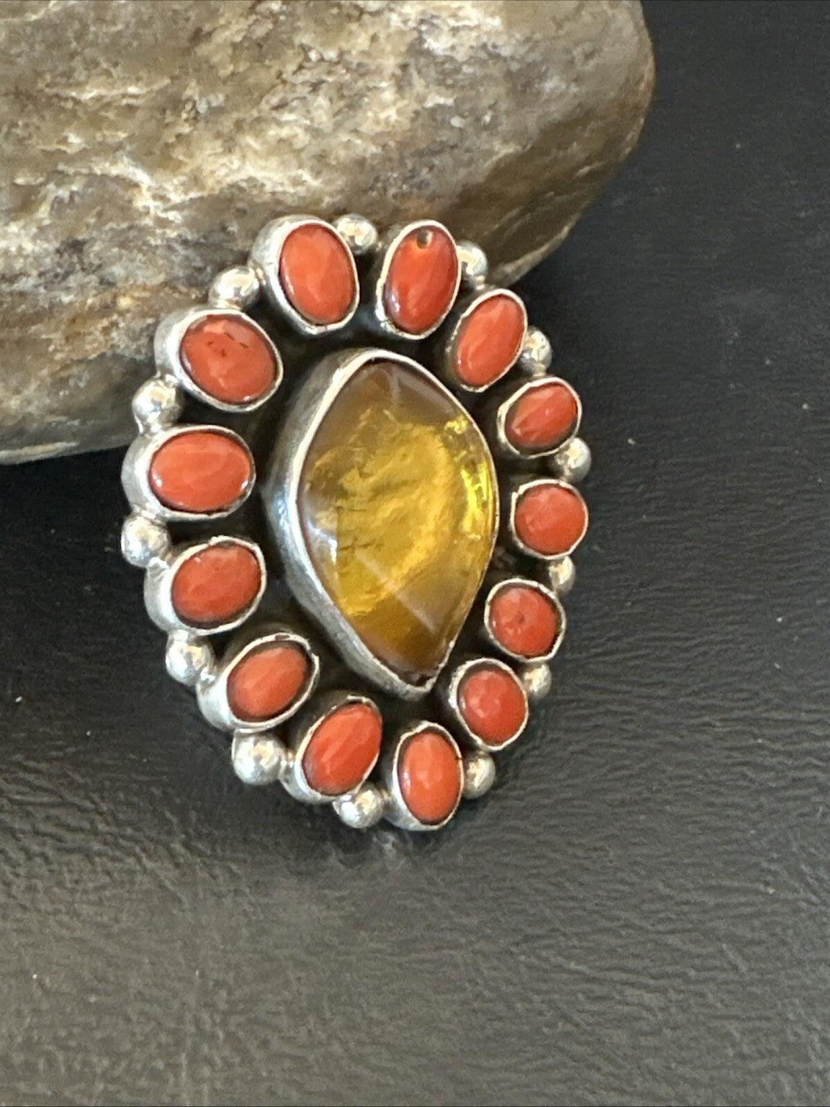Golden Amber Red Coral Navajo Sterling Silver Cluster Ring Size 6 18563
