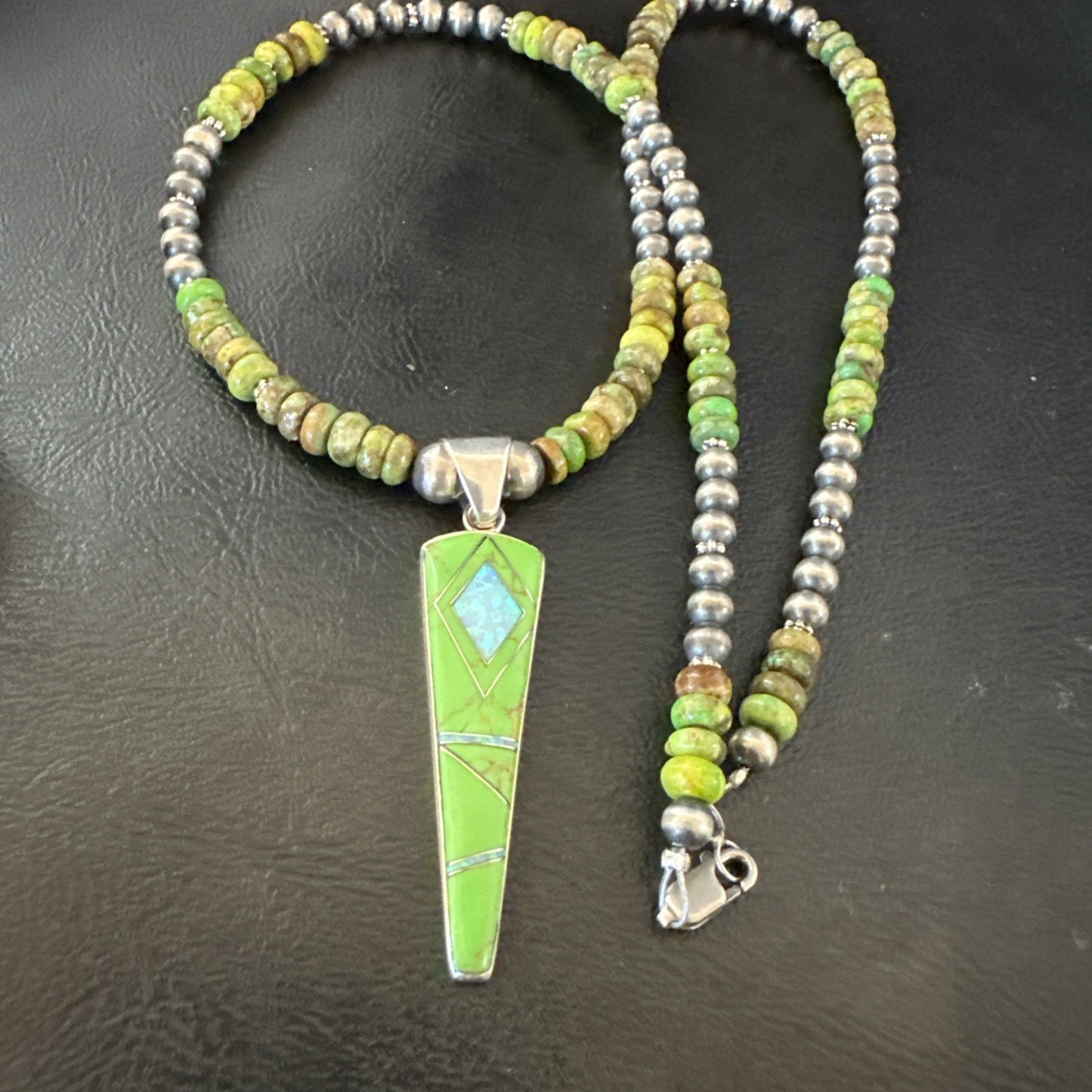 Womens Green Gaspeite Turquoise Opal Pendant Sterling Silver Necklace 19547