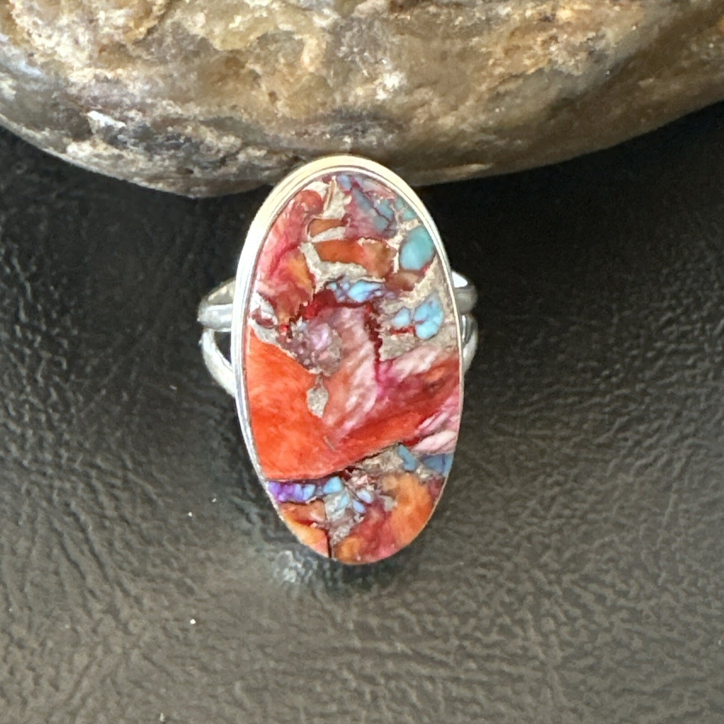 Blue Turquoise Spiny Oyster Southwestern Sterling Silver Ring Size 8 18481