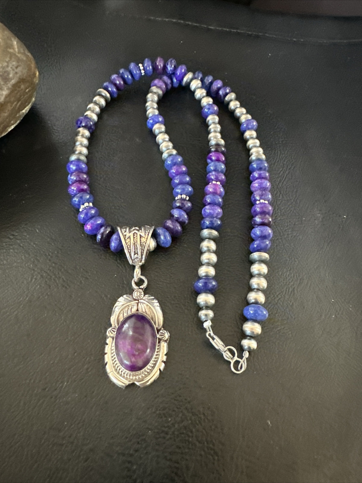Purple Stone Pendant Navajo Pearls Sterling Silver Necklace 21” 18034