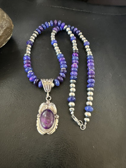 Purple Stone Pendant Navajo Pearls Sterling Silver Necklace 21” 18034