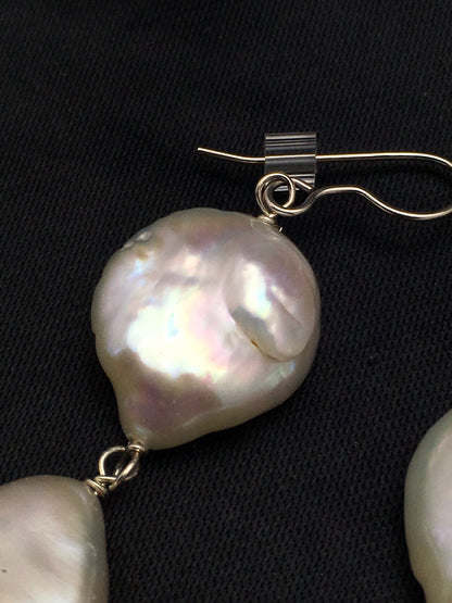 Beautiful White Sterling Silver Freshwater Pearl Dangle Earrings 1.5" 03078