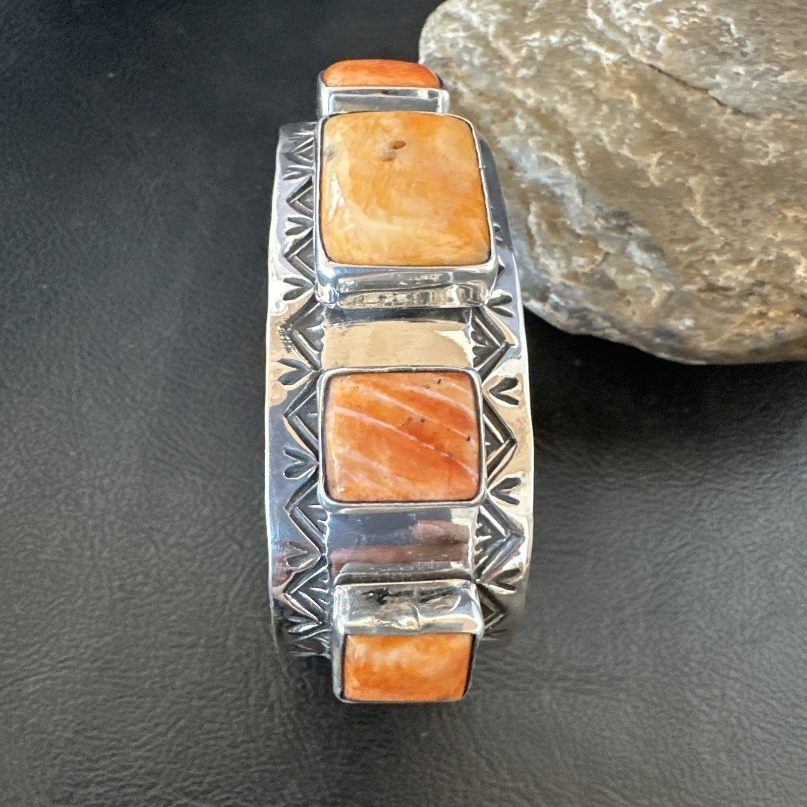 Orange Spiny Oyster 5 Stone Row Sterling Silver Navajo Cuff Bracelet 7.7" 19478
