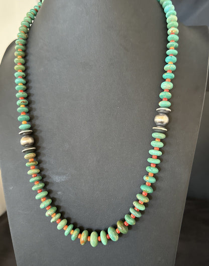 Green Turquoise Spiny Navajo Pearls Sterling Silver Necklace 26” 19682