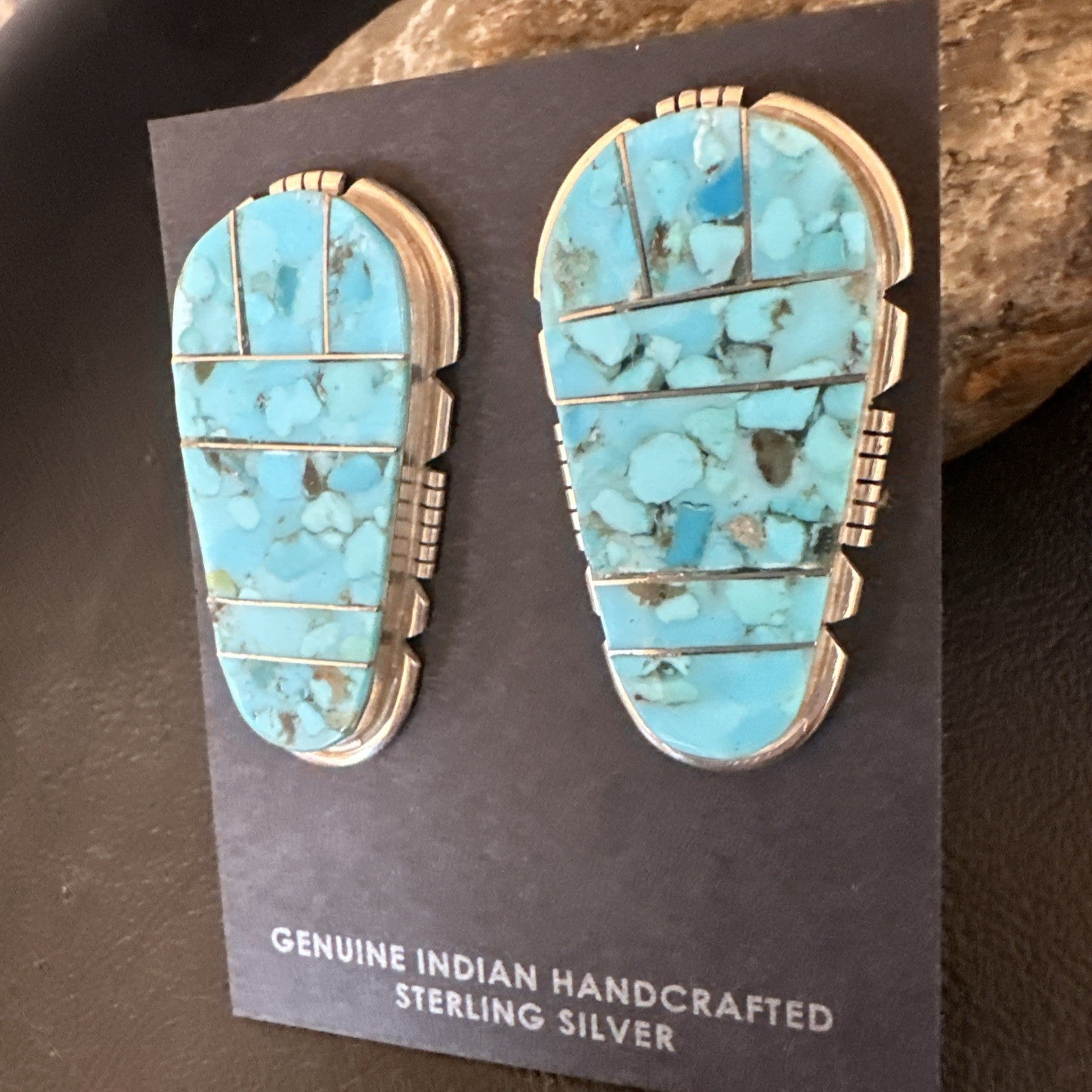 New Inlay Blue Kingman Turquoise Sterling Silver Earrings 1.5” 19097