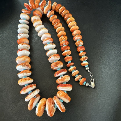 Orange Spiny Oyster Blue Turquoise Navajo Sterling Silver Necklace 23" 18088